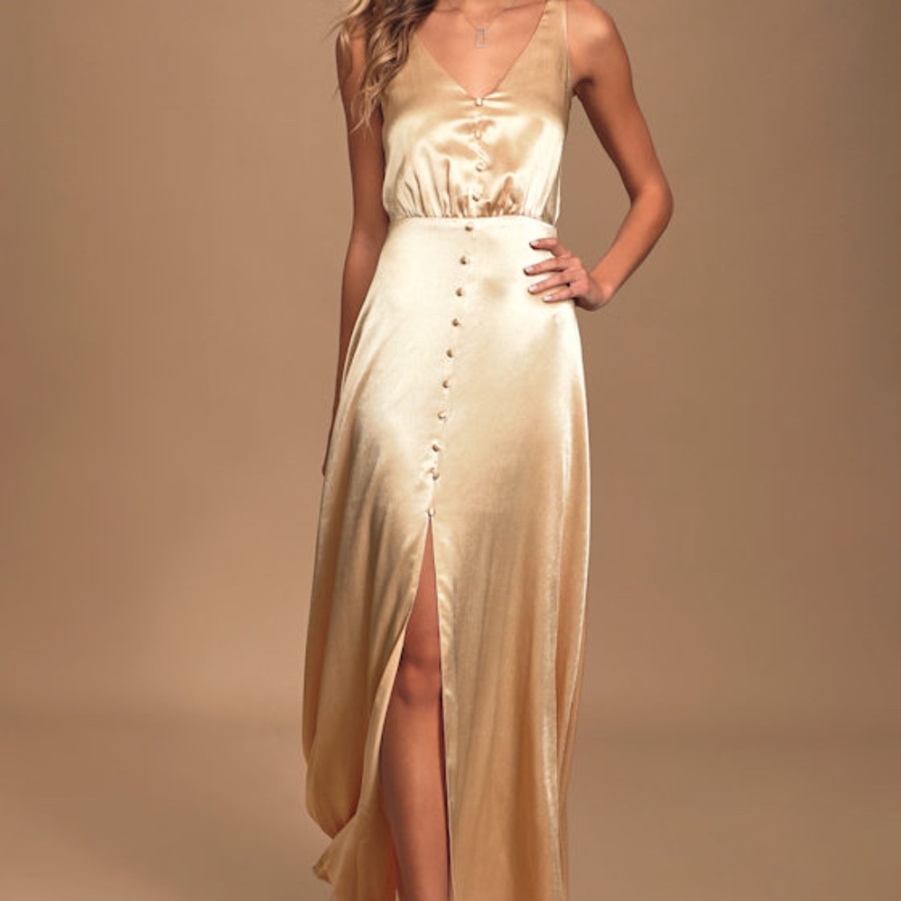 Lulus Total Adoration Champagne Satin Button-front Maxi Dress Beige - Size XS